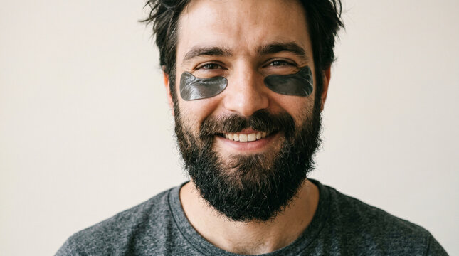 Close-up portrait of a happy, brutal young man with a thick beard wearing cosmetic under-eye patches, smiling at the camera. Clean skincare and self-care concept for men