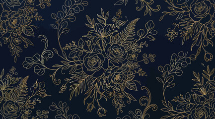 Elegant gold floral pattern on dark blue background, seamless botanical wallpaper design © Saharia