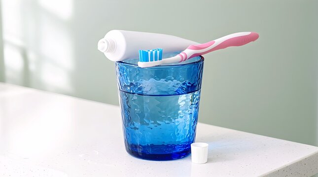 A pink toothbrush and an open tube of toothpaste balanced on top of a blue textured glass of water on a bathroom counter, symbolizing daily oral hygiene and dental care routine.