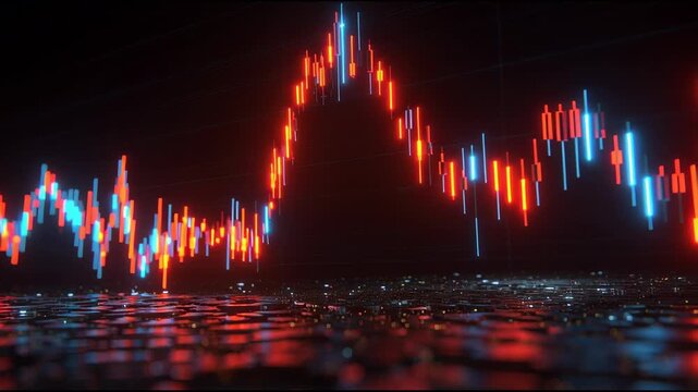 A trading interface featuring neon charts and glowing candlestick patterns; a futuristic fintech scene.