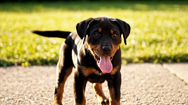 Adorable Rottweiler Puppy Sitting Outdoors on Sunny Path Happy Dog Portrait with Natural Background