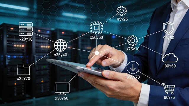Businessman touching digital interface, connecting server rack and network icons in modern data center, technology concept with cloud computing, security, download and global