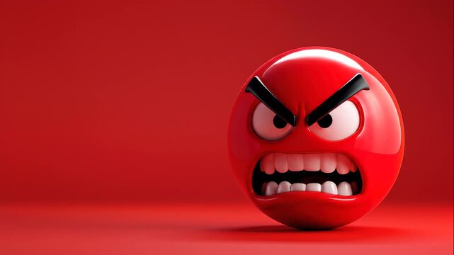 Angry Red Emoji Gritting Teeth on Red Background with Copy Space