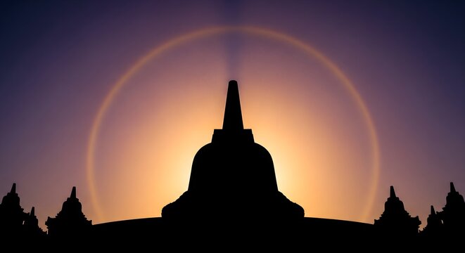 Dramatic silhouette of a majestic ancient Buddhist temple at sunrise, featuring a stunning sun halo phenomenon in the vibrant sky.