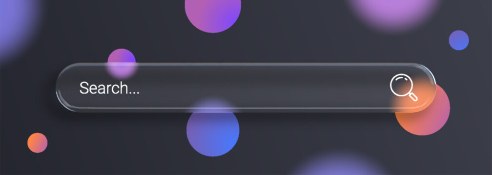 3D render of a transparent glass search bar with magnifying glass icon and search text, isolated on a dark background featuring colorful blurred holographic gradient circles.