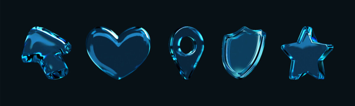 3D holographic blue glass icons set including arrow, heart, location pin, security shield, and star with glossy refractive finish isolated on dark background for tech UI design.
