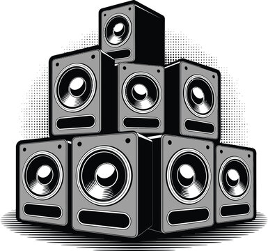Grunge speaker stack vector, halftone music system with ink splatter and distressed texture for loud sound, urban DJ culture and concert design.