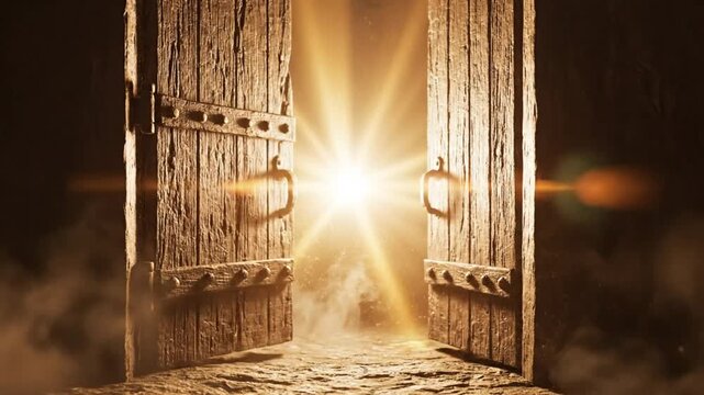 Ancient wooden doors opening to reveal bright light illuminating the pathway symbolizing opportunity and revelation