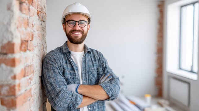 Caucasian male construction worker wearing a hard hat and glasses stands with arms crossed against a brick wall in a partially renovated interior space