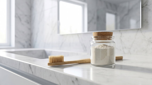 Eco-friendly bamboo toothbrush and natural toothpaste powder in a glass jar on a marble countertop, promoting a sustainable lifestyle.