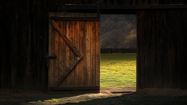 tolerable. A wooden door frame leading to a sunlit green field, strong contrast. travel magazines, destination branding, wall prints, designed for outdoor magazines and nature guides, used by chefs.