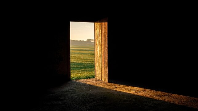 tolerable. A wooden door frame leading to a sunlit green field, strong contrast. travel magazines, destination branding, wall prints, designed for outdoor magazines and nature guides, used by chefs.