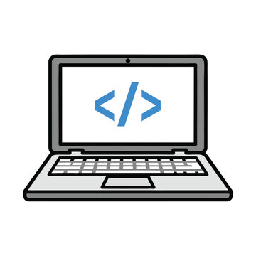 Laptop computer displaying programming code icon on white screen.