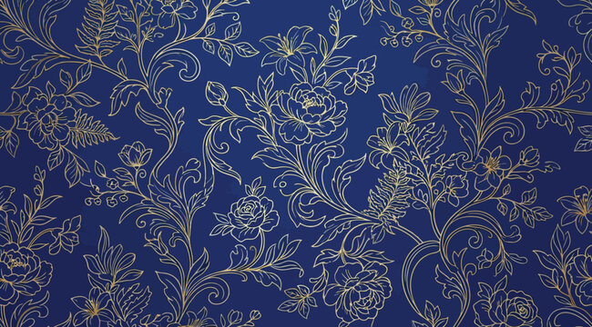Seamless floral pattern with golden line art flowers and leaves on a vibrant blue background