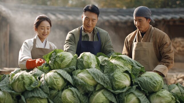 Three Asian individuals joyfully sorting fresh cabbage in a sunlit outdoor setting.