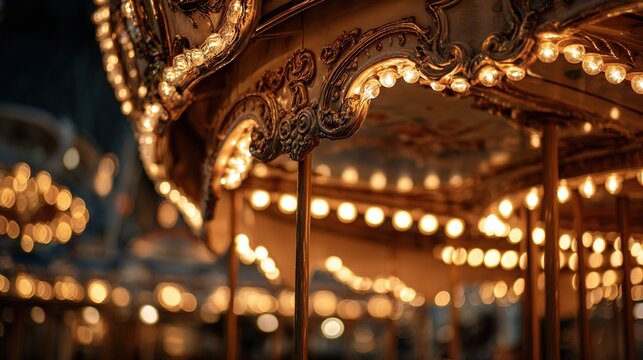 pentane. An empty, glowing carousel at night with soft lights and ornate details. travel magazines, destination branding, wall prints, designed for travel destination branding, used by photographers.