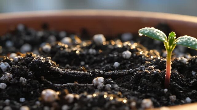 Seedling grows in pot soil with water droplets showing growth. Plant sprouts in pot with fertilizer. Seedling displays leaf in soil container. Pot holds growing plant with droplets on seedling.