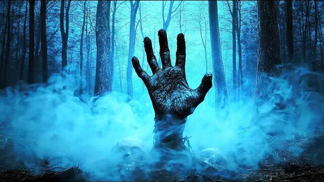 Zombie hand rising from grave in spooky forest with skulls and blue fog