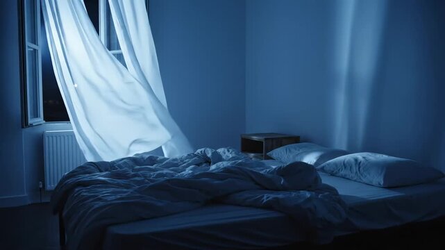 Soft blue light filters into a calm bedroom from an open window, creating an enchanting atmosphere. The slightly billowing curtains and rumpled bed invite a sense of peace and comfort.
