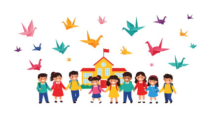 Fototapeta premium School Days Celebration: A group of cheerful children stand hand-in-hand in front of their school, with colorful origami cranes soaring in the sky above, symbolizing peace and joy.