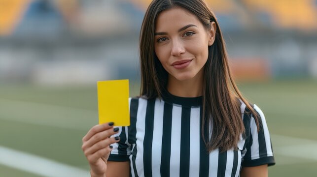 Portrait of a beautiful confident female referee holding up a yellow card on the soccer pitch.