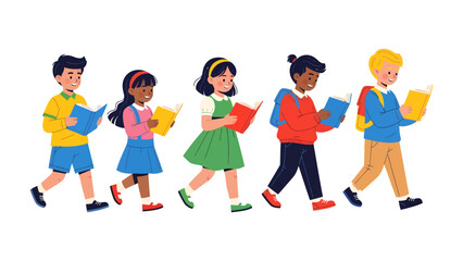 Fototapeta premium Young Readers on the Move: A diverse group of children walks together, each engrossed in their book, symbolizing the journey of knowledge and imagination.