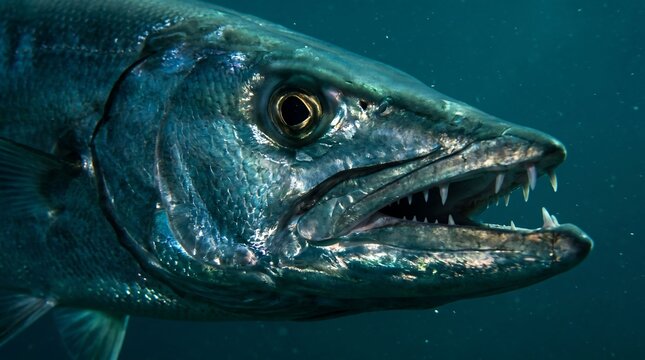 Close-up of a large fish with sharp teeth swimming in dark blue water with a menacing gaze.