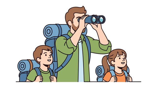 Father and Kids on Adventure: A father with a beard and glasses looks through binoculars, accompanied by his two children, a boy and a girl. They are all equipped with backpacks.