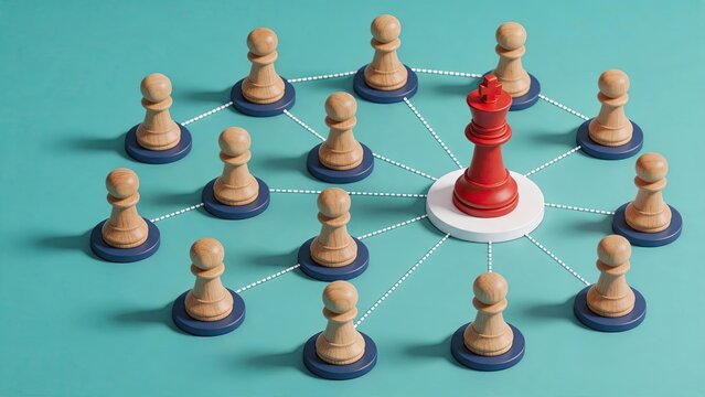 Red king chess piece leading wooden pawns connected by lines, leadership strategy, team management, hierarchy, organizational structure, central control, business networking