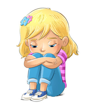 Ni&ntilde;a peque&ntilde;a muy triste y solitaria, ilustraci&oacute;n infantil