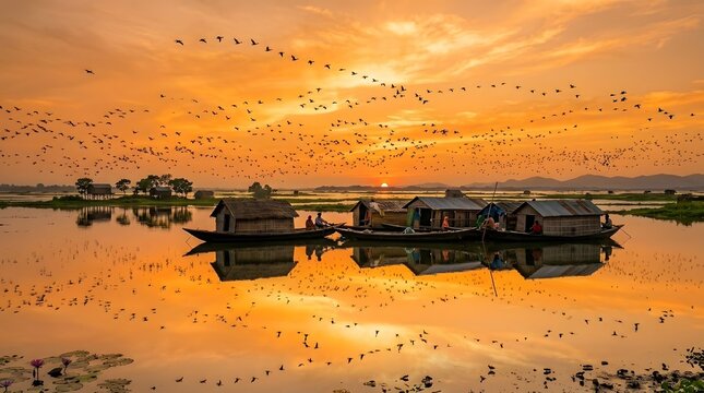 Tanguar Haor Wetland Migratory Birds Flock Sunset Sunamganj Bangladesh