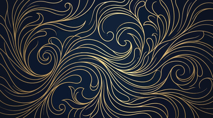 Elegant gold swirl pattern on dark blue background, luxury floral wallpaper design © Saharia