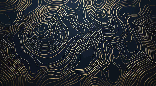Topographic map style gold lines on dark blue background, abstract contour pattern