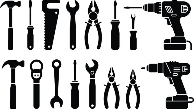 Hand and power tools glyph icon set, hammer drill saw wrench screwdriver and pliers silhouettes representing construction repair carpentry and hardware industry tools.