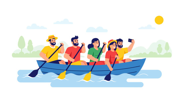 Canoe Adventure: A group of five friends enjoy a sunny day on the water, paddling a canoe together while one person captures a memorable moment with a selfie.