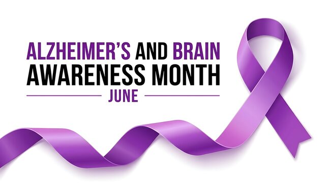 Alzheimers and brain awareness month june with purple ribbon symbol for support and health research advocacy.