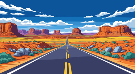Fototapeta premium Scenic Desert Highway Vector Illustration of a Straight Road Leading to Distant Buttes Under a Blue Sky with Clouds