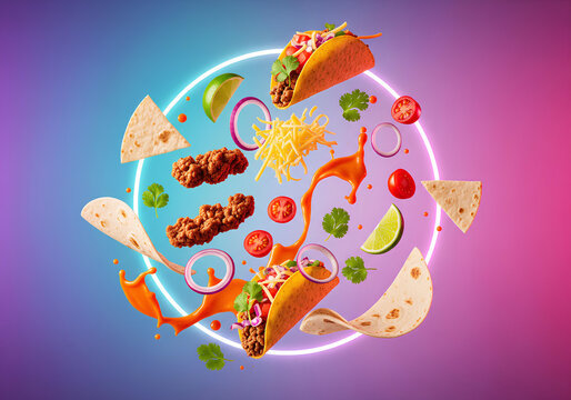 Tacos and ingredients floating around a glowing neon circle on a blue and pink gradient background