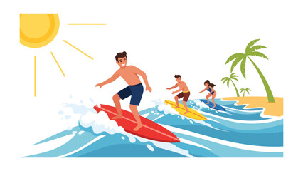 Surfing Adventure: A vibrant illustration depicts three surfers skillfully riding ocean waves under a bright sun, with palm trees dotting the sandy shore in the background. © Ajhar234