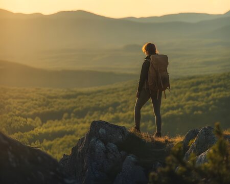 Excursionista con mochila en la cima de una monta&ntilde;a rocosa contemplando el valle al atardecer