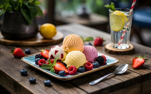 Variedad de bolas de helado de sabores en un plato decorado con fresas, ar&aacute;ndanos y frambuesas frescas