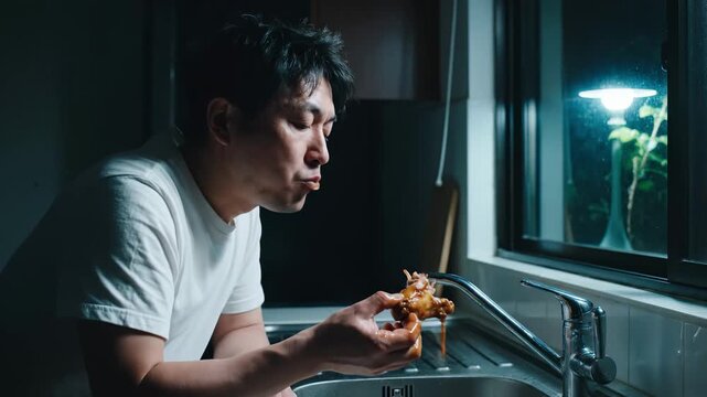 In a softly lit kitchen at midnight, a man enjoys a delicious meal, fully immersed in the flavors. The serene atmosphere creates a perfect backdrop for this culinary experience.