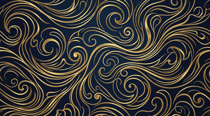 Obraz premium Golden Ornamental Swirls and Flowing Lines on Deep Blue Background — Luxurious Abstract Design Symbolizing Motion, Sophistication, and Artistic Harmony in Modern Decorative Graphic Composition