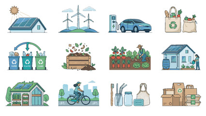 Naklejka premium Sustainable Lifestyle Illustration Collection for Renewable Energy and Eco Friendly Living Concepts