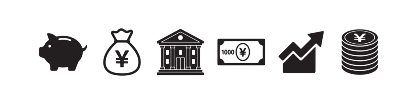 Set of solid black finance and banking icons featuring a piggy bank, money bag, bank building, Japanese Yen bill, upward trend graph, and a stack of Yen coins