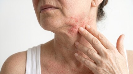 Naklejka premium Senior woman touching painful shingles rash and blisters on her jawline and neck