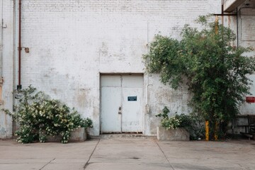 Fototapeta premium A weathered white industrial building door with overgrown plants