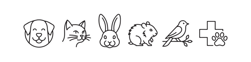 Fototapeta premium Set of pet and veterinary line icons featuring a happy dog, a winking cat, a rabbit, a hamster, a bird, and a medical cross with a paw print