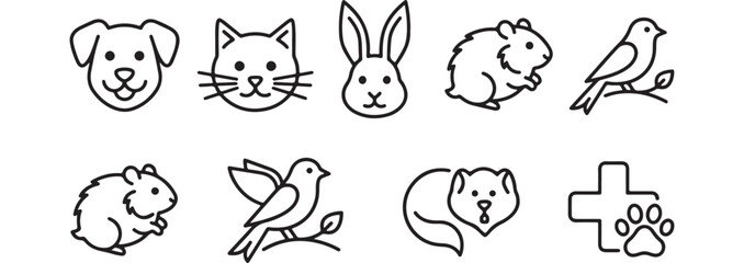 Mixed set of line art icons featuring various animals like a dog, cat, rabbit, hamster, birds, bear cub, and objects like a vet cross and a train. © Ірина Гринюк