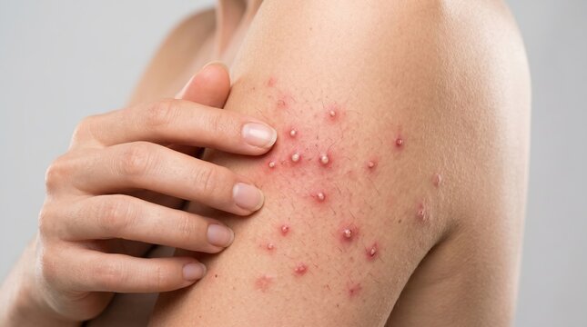 Macro shot of woman scratching red pustules and hair follicle infection on upper arm